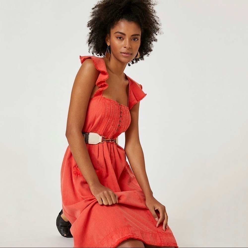 NWT Anthropologie Pilcro Linen Flutter Sleeve Midi Apron Dress Red XXS - Small - Picture 5 of 15